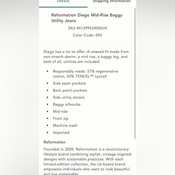 Reformation Diego MidRise Baggy Utility Jean - Picture 5 of 6